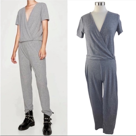 ZARA Gray Ribbed Surplice Top Jumpsuit size S - Picture 1 of 7